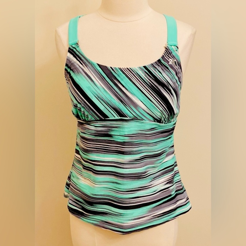 ZeroXPosur Green Black White Wasabi Stripe Racerback Tankini Swimsuit Top SZ 16